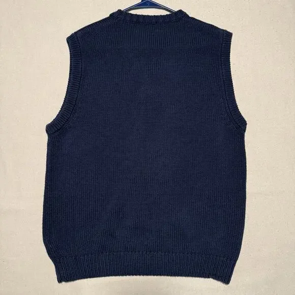 VTG Eddie Bauer Knit Sweater Vest Men's Size M Navy Blue 100% Cotton Sleeveless - Picture 2 of 8
